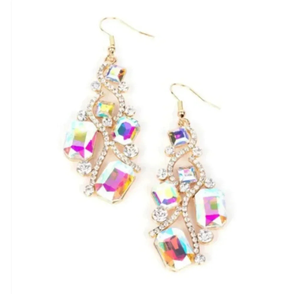 New Golden Glassy Rhinestone Multicolor Iridescent Chandelier Style Earr…